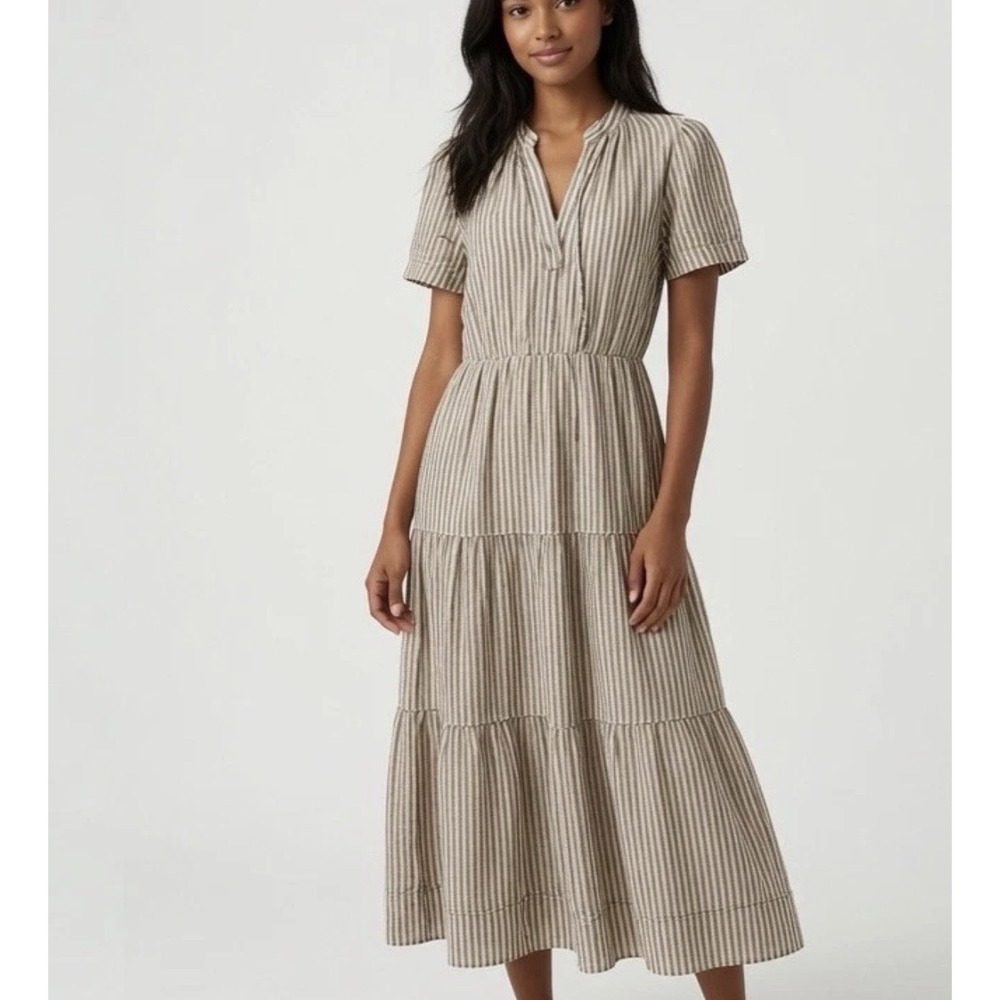 Cynthia Rowley Midi Tiered Dress S White Green Linen Striped Flattering Bohemian
